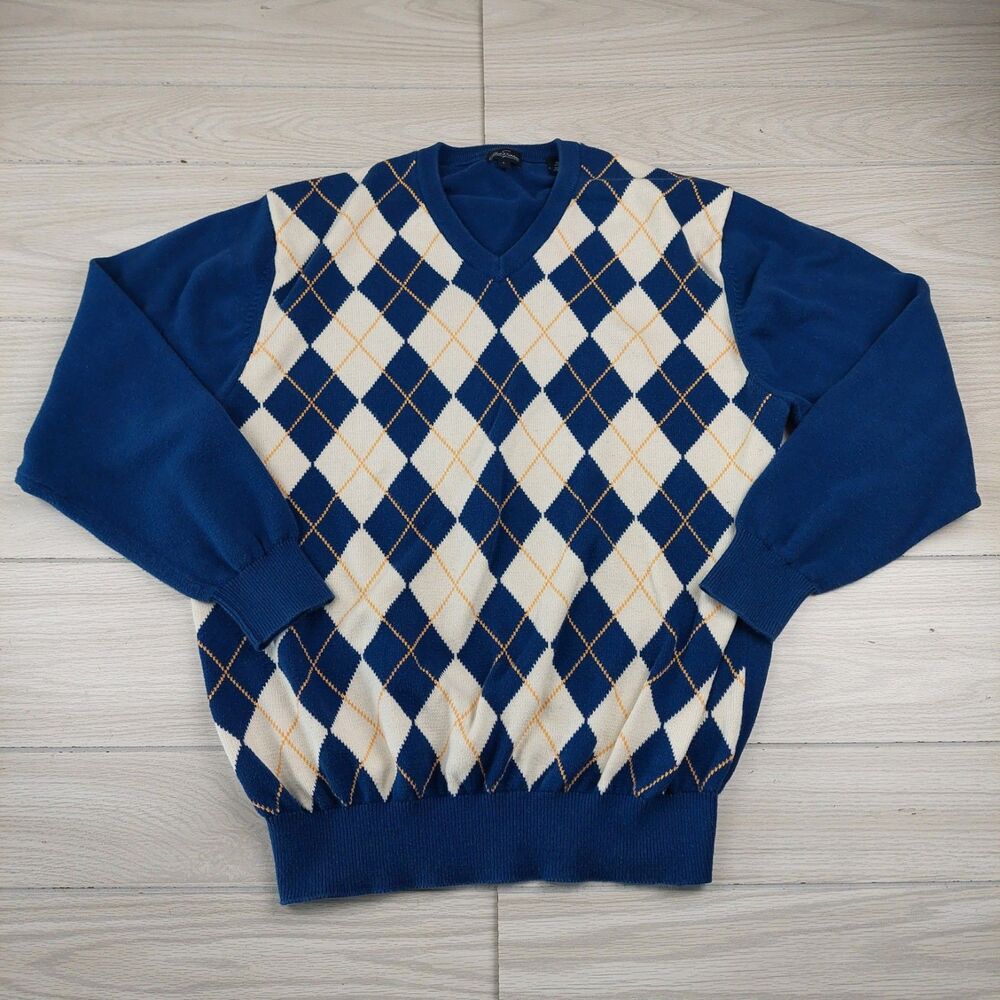 Vintage Jack‎ Nicklaus Sweater Mens Large Blue Argyle Cotton V Neck Pullover Dad